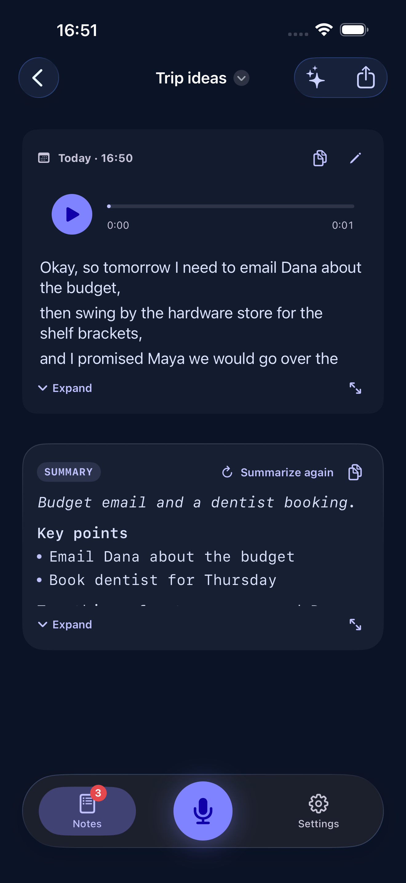 Note detail with transcript and AI summary