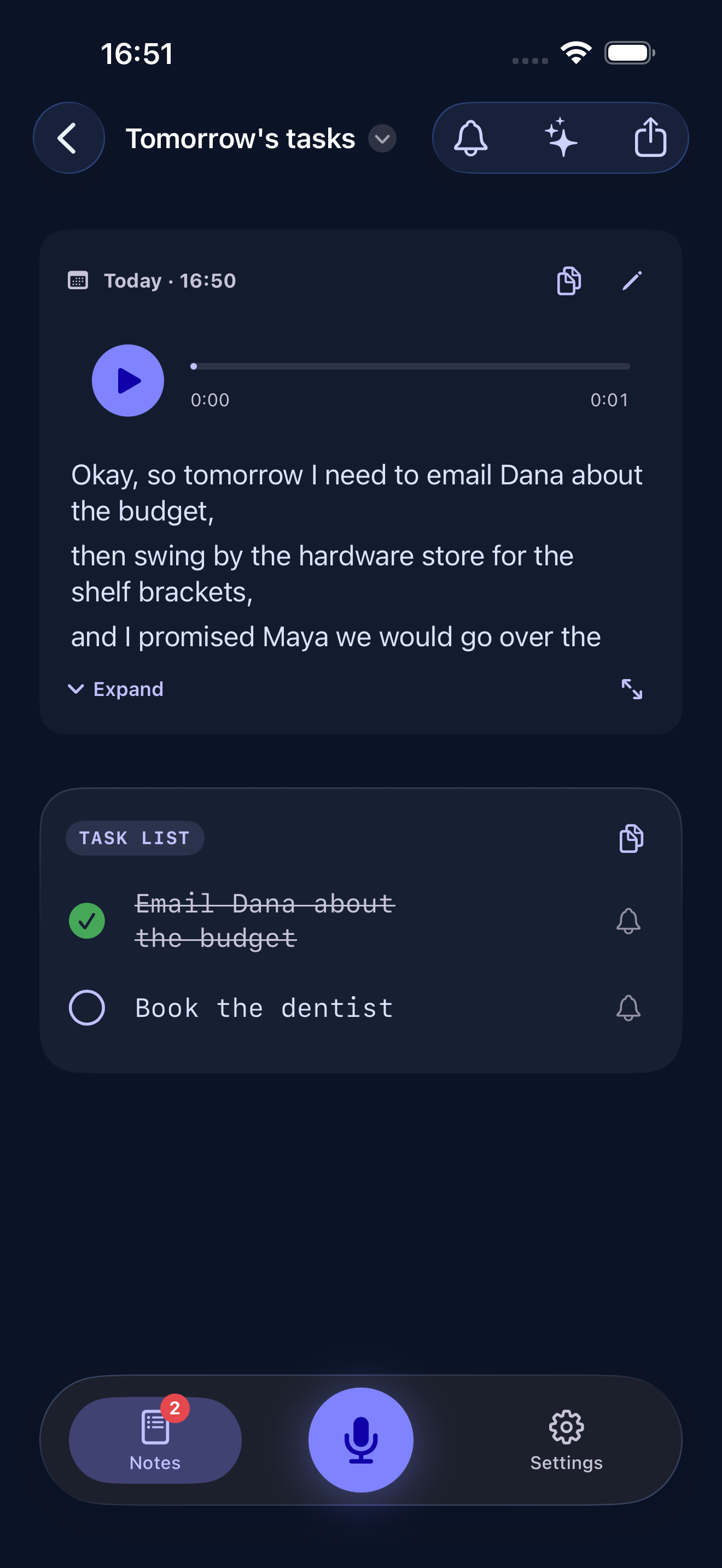 Tasks note with interactive checklist